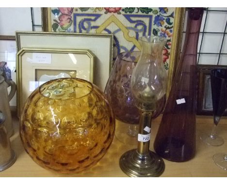 2 LARGE COLOURED GLASS VASES, COLOURED GLASS DECANTER AND OIL LAMP