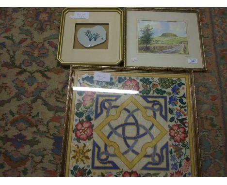 WATERCOLOUR, MOUNTAIN SCENE, TAPESTRY AND FRAMED PORCELAIN  