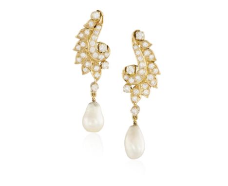 A PAIR OF CULTURED PEARL AND DIAMOND PENDENT EARRINGS, each baroque cultured pearl drop suspending from a brilliant-cut diamo