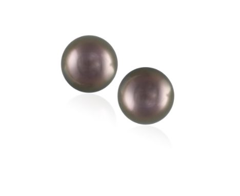 A PAIR OF CULTURED PEARL EARRINGS BY MIKIMOTO, each round cultured pearl of grey tint measuring approximately 10.20mm, mounte