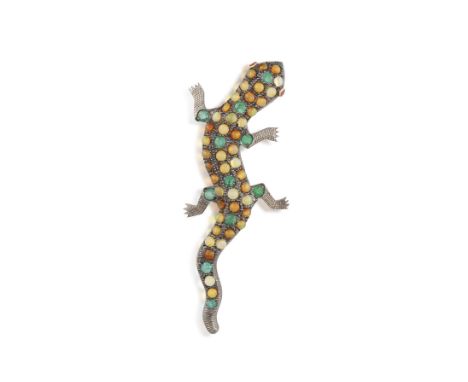 AN OPAL AND EMERALD LIZARD BROOCH, Designed as a crawling lizard, the body decorated with round cabochon opals and circular-c