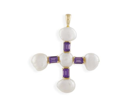 A CULTURED PEARL AND AMETHYST PENDANT, designed as a cross set with four rectangular-cut amethysts, between fresh water cultu
