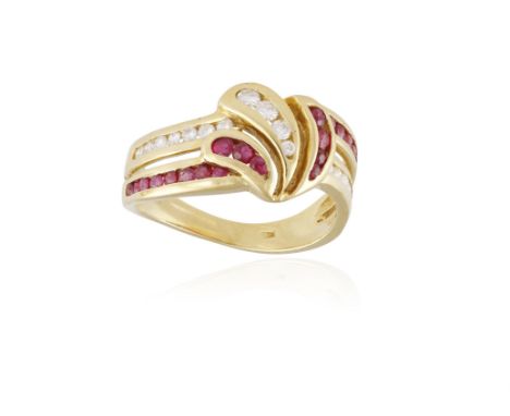 A RUBY AND DIAMOND RING, set with circular-cut rubies and brilliant-cut diamonds within channel-setting, mounted in 18K gold,