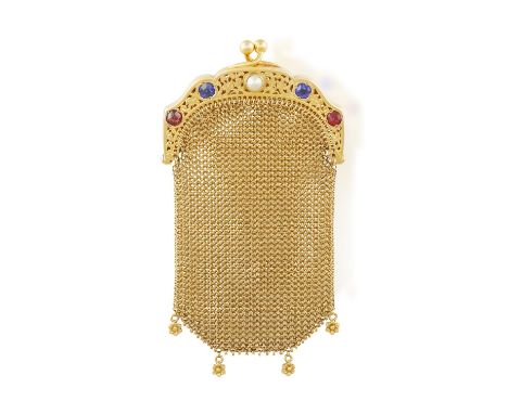 A SAPPHIRE AND GARNET PURSE, of mesh-link design with finger twist clasp, the surmount frontispiece with floral detailing and