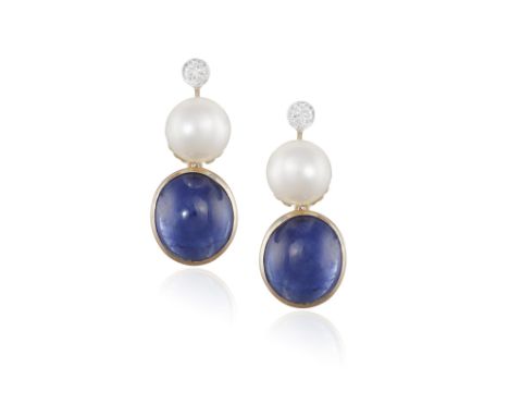 A PAIR OF SAPPHIRE AND CULTURED PEARL AND DIAMOND PENDENT EARRINGS, each oval-shaped cabochon sapphire suspending from a cult