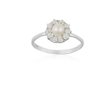 A CULTURED PEARL AND DIAMOND CLUSTER RING, composed of a central round-shaped cultured pearl of cream tint within a surround 