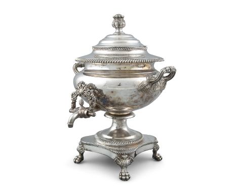 A SILVER PLATED SAMOVAR, c.1820, the domed top with cast stylised finial, above graduated section with gadrooned rims, the ba