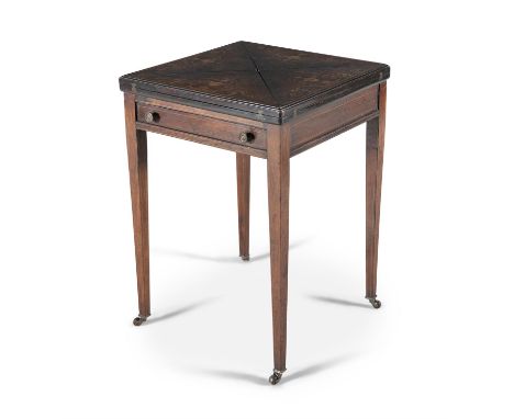 AN EDWARDIAN INLAID ROSEWOOD SQUARE ENVELOPE TOP CARD TABLE, the folding top opening to reveal a baise interior, above single