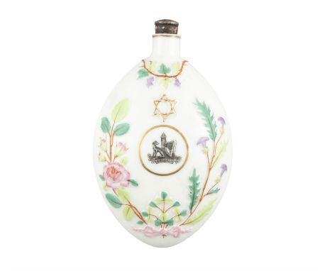 A RARE BELLEEK PORCELAIN FLASK AND STOPPER, 1st period, of oval form painted with flowers and ribbon ties around an inked Bel