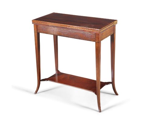 AN EDWARDIAN INLAID MAHOGANY 'PATIENCE' TABLE, late 19th century, of compact rectangular form, with fold-over top, with green