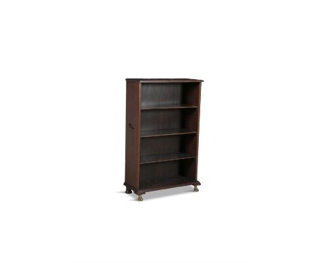 A COMPACT MAHOGANY OPEN BOOKCASE, 19th century, with brass drop handles to each side, raised on cast brass paw feet. 99.5cm h