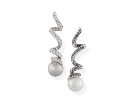 A PAIR OF CULTURED PEARL AND DIAMOND PENDENT EARRINGS, each long spiral cap surmount pavé-set with circular-cut black or colo