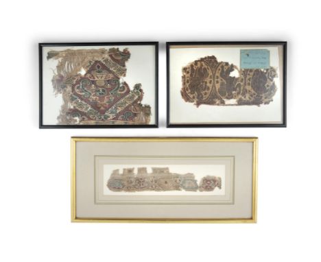 A COLLECTION OF THREE RARE COPTIC TEXTILE FRAGMENTS, Egypt 4th to 11th century, comprising a three figure panel, mounted, 25 