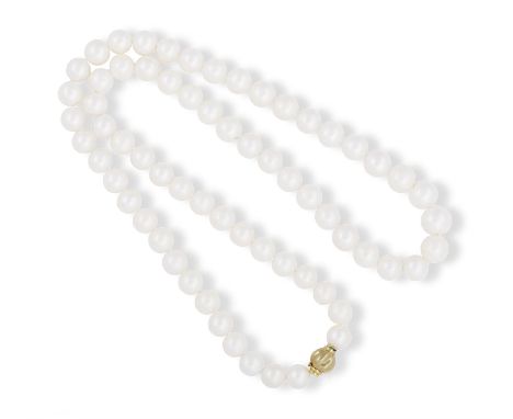 A CULTURED PEARL LONG NECKLACE, composed of a long row of graduated cultured pearls of white tint measuring approximately 11.