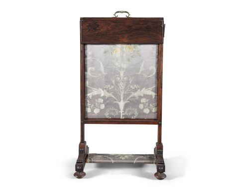A WILLIAM IV ROSEWOOD FRAMED RECTANGULAR ADJUSTABLE FIRESCREEN, the panel and footrest covered in floral silk material, raise