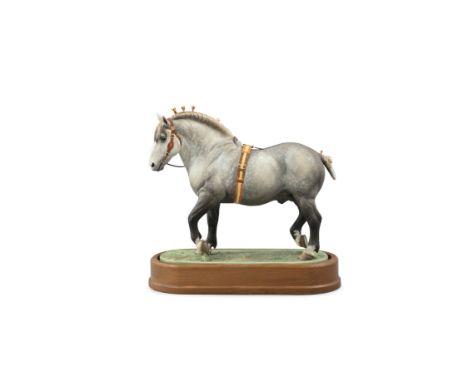 A ROYAL WORCESTER PORCELAIN MODEL OF A PERCHERON STALLION, modelled by Doris Lindner, model no.105/500, set into an oval timb
