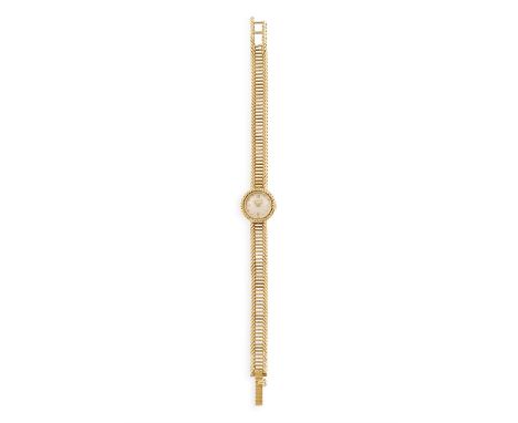 A LADY'S GOLD WRISTWATCH BY JAEGER-LECOULTRE, CIRCA 1965, of manual wind movement, silver dial with baton and Arabic numerals