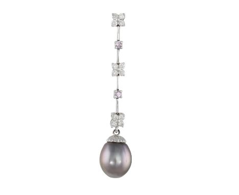 A CULTURED PEARL AND DIAMOND PENDANT, composed of a cultured pearl of grey tint, suspending from a knife wire surmount highli