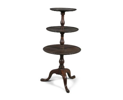 A GEORGE III MAHOGANY CIRCULAR GRADUATED THREE TIER DUMB WIATER, the revolving tiers with reeded rims, raised on baluster tur
