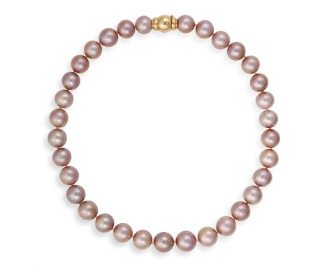 A CULTURED PEARL NECKLACE, composed of a single row of graduated cultured pearls of purplish-pink hue measuring from 12.07 to