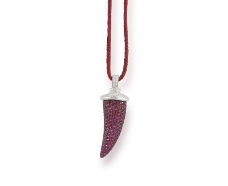 A RUBY PENDANT ON CORD, BY THEO FENNELL, designed as a horn, pavé-set with circular-cut rubies and brilliant-cut diamond cap,