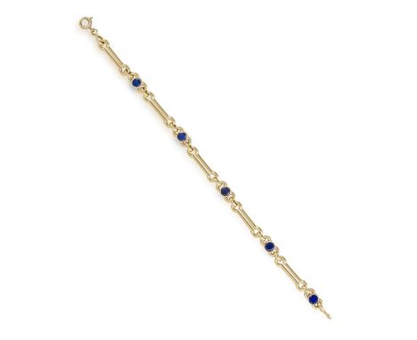 A SAPPHIRE BRACELET, the fancy-link gold chain with four circular-cut sapphires, in 18K gold, French assay marks, length 17.8