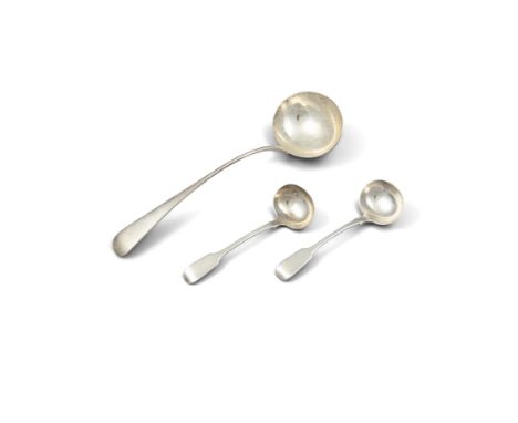 A VICTORIAN OLD ENGLISH PATTERN SOUP LADLE, London c.1872, mark of Wilson & Davis, of plain design; together with a pair of I