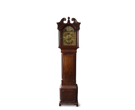 A GEORGE IV INLAID MAHOGANY LONGCASE CLOCK, the hood with swan neck pediment and arched glazed panel door enclosing a brass d