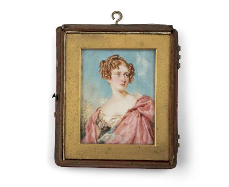 ENGLISH SCHOOL (19TH CENTURY)Miniature Portrait of a Lady with a Pink CloakRectangular, watercolour on ivory, 9.5 x 7cm