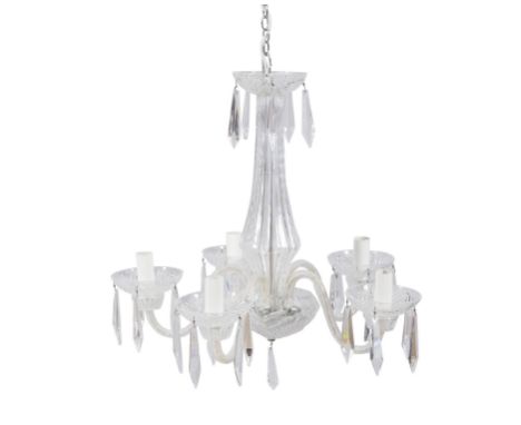 A WATERFORD CUT GLASS FIVE LIGHT CHANDELIER, 20th Century, with domed corona and baluster centre column, fitted with five scr