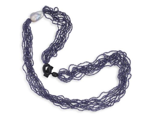 AN IOLITE, CULTURED PEARL AND BASELITE SAUTOIR NECKLACE, composed of ten rows of facetted iolite beads accented with a large 