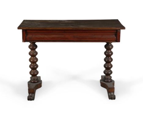 A VICTORIAN MAHOGANY SIDE TABLE, c.1870, with solid rectangular top and pulvinated frieze drawer, supported on bobbin- turned