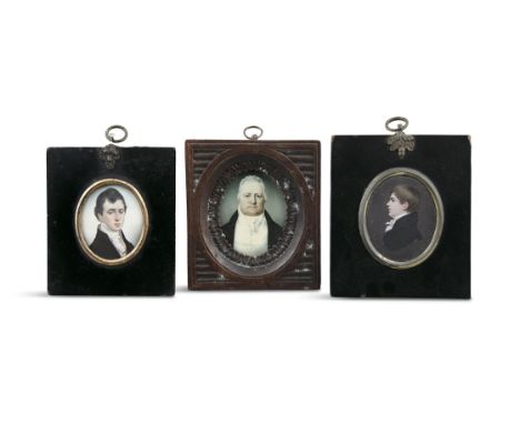 A COLLECTION OF THREE 19TH CENTURY ENGLISH SCHOOL PORTRAIT MINIATURES,8 x 6cm.