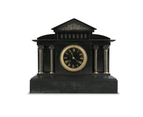 A BLACK MABRLE MANTLE CLOCK, of architectural form, the pediment top with classical frieze, the black enamel and gilded dial 