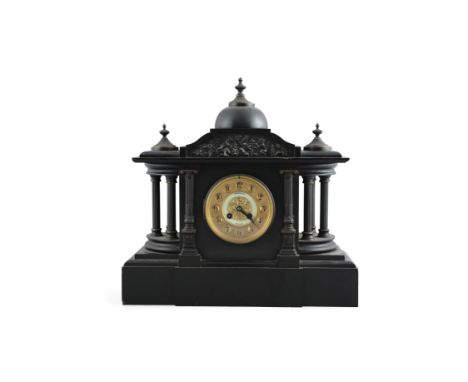 A LARGE 19TH CENTURY BLACK MARBLE MANTLE CLOCK, signed 'Riddels, Belfast', of architectural form with dome top and pointed fi