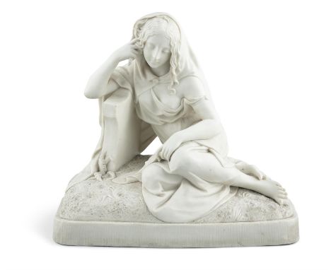 A VICTORIAN PARIAN CHINA MODEL OF A YOUNG WOMAN, in repose seated on a grassy bank, wearing a cloak. 34 x 21 x 31cm high