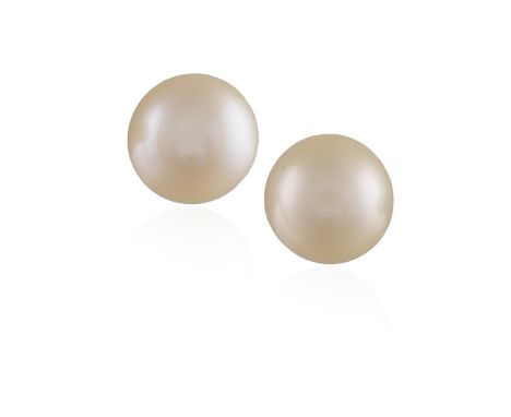 A PAIR OF CULTURED PEARL EARRINGS, each round-shaped pearl of cream tint measuring approximately 9.87mm, mounted on 14K goldC