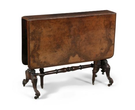 A WALNUT DROP LEAF SUTHERLAND TABLE, extending to rectangular form with moulded edge and rounded corners, the leaves supporte