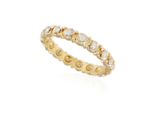 A DIAMOND ETERNITY RING, composed of a continuous row of single-cut diamonds, mounted in 18K gold, French assay mark, ring si