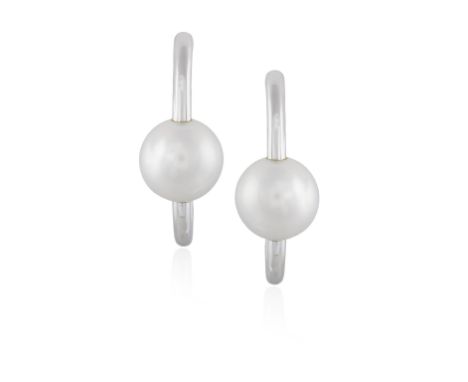 A PAIR OF CULTURED PEARL HOOP EARRINGS, BY MIKIMOTO, set with a central round-shaped cultured pearl of white tint measuring a