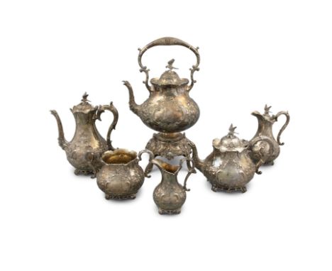 A SIX PIECE VICTORIAN SILVER TEA AND COFFEE SERVICE, London, c.1868, c.1873 (hot water pot), c.1878 (tea kettle), all mark of