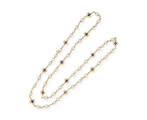 A CULTURED PEARL, ENAMEL AND GOLD SAUTOIR NECKLACE, composed of cultured pearls interspersed with ropetwist links decorated w