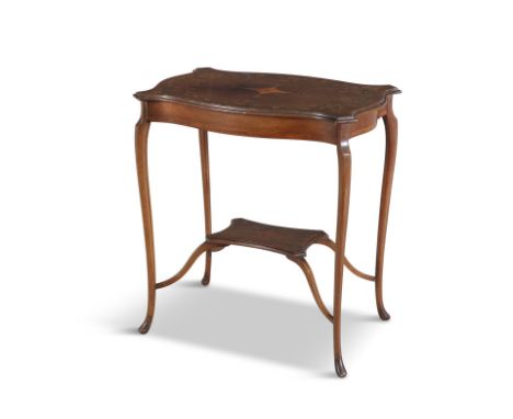 AN EDWARDIAN INLAID MAHOGANY AND PAINTED OCCASIONAL TABLE, of shaped rectangular form above conforming undertier, and slender