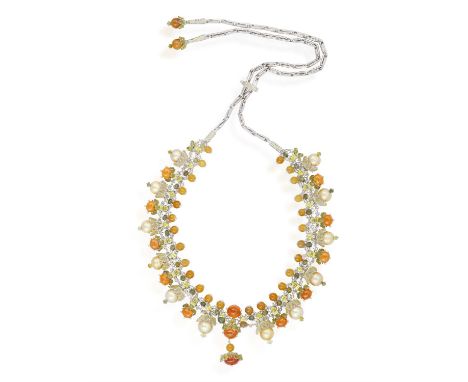 A GEM-SET AND CULTURED PEARL FLORAL NECKLACE, composed of various cuts and engraved coloured semi-precious stones of various 