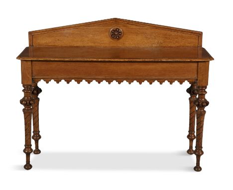 A 19TH CENTURY COMPACT OAK SIDE TABLE, of rectangular form, with moulded raised panelled back centred with carved floral moti