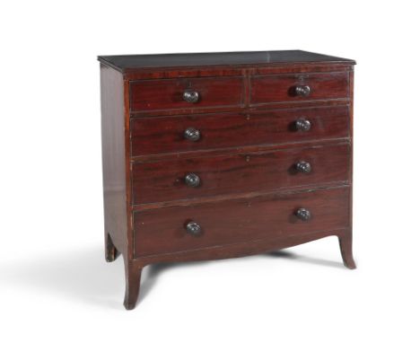 AN EARLY 19TH CENTURY MAHOGANY RECTANGULAR CHEST, of two short and three long graduated cockbeaded drawers, with turned wood 