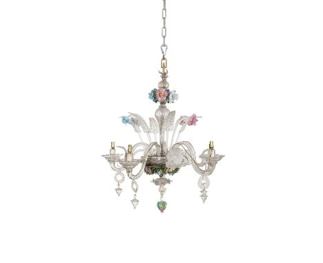 A VENETIAN FIVE BRANCH CLEAR AND COLOURED GLASS CHANDELIER, 19th Century, the corona applied with a band of colourful flowers
