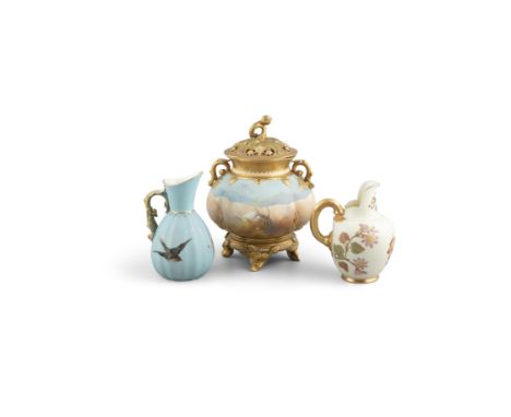 A ROYAL WORCESTER GILT AND HAND PAINTED POT-POURRI JAR, c.1890, signed A. Shuck, with fitted pierced cover and lobed body, pa
