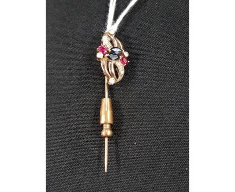 9 CARAT GOLD RUBY, SAPPHIRE AND WHITE SAPPHIRE STICK PIN 