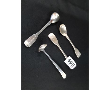 3 IRISH SILVER SALT SPOONS AND 1 SMALL STERLING LADLE 